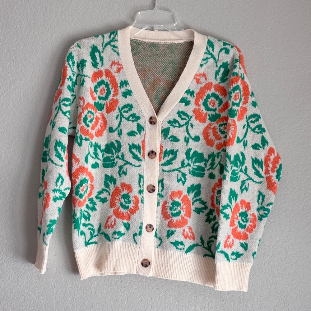 SHEIN Cream Cardigan with Green and Orange Floral Print